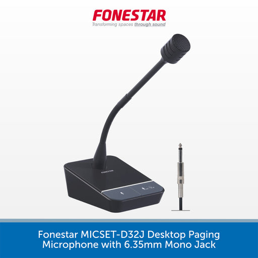 A black Fonestar desktop paging microphone with a flexible gooseneck stand and a separate 6.35mm mono jack adapter, shown on a white background with a blue text banner at the bottom.