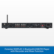 Rear view of a black Fonestar MIXPLAY-1 Bluetooth/USB/FM player with multiple audio inputs, outputs, power socket, and antenna, shown on a white background with a blue text banner at the bottom.