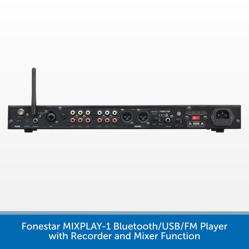 Rear view of a black Fonestar MIXPLAY-1 Bluetooth/USB/FM player with multiple audio inputs, outputs, power socket, and antenna, shown on a white background with a blue text banner at the bottom.