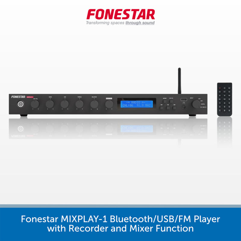 A black Fonestar MIXPLAY-1 portable Bluetooth/USB/FM player with a blue display screen, shown alongside its matching remote control on a white background with a blue text banner at the bottom.