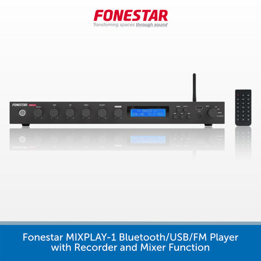 A black Fonestar MIXPLAY-1 portable Bluetooth/USB/FM player with a blue display screen, shown alongside its matching remote control on a white background with a blue text banner at the bottom.
