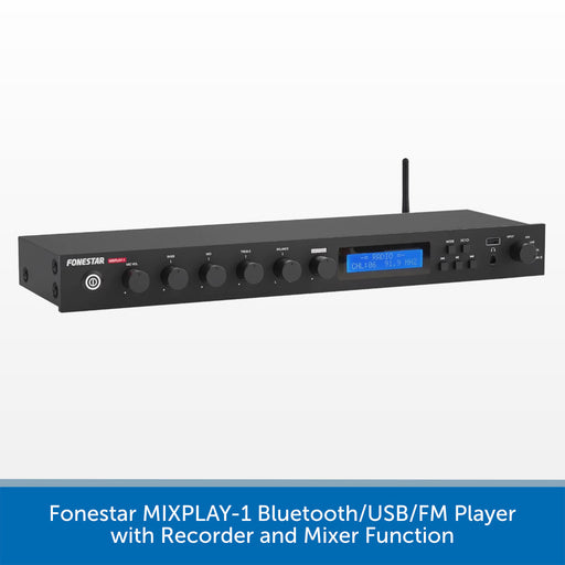 A black Fonestar MIXPLAY-1 Bluetooth/USB/FM player with a digital display screen and multiple rotary knobs, shown on a white background with a blue text banner at the bottom.
