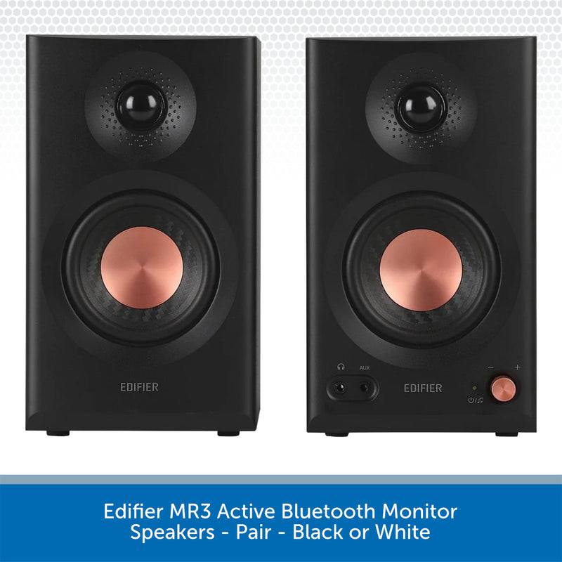 Two black Edifier MR3 Active Bluetooth monitor speakers shown side by side against a white patterned background, with a blue text banner at the bottom reading 'Edifier MR3 Active Bluetooth Monitor Speakers - Pair - Black or White'.