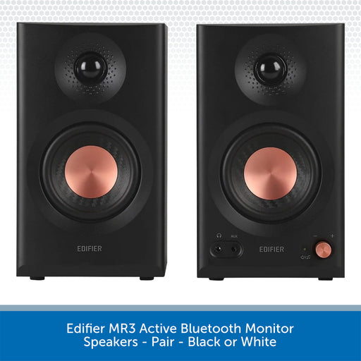 Two black Edifier MR3 Active Bluetooth monitor speakers shown side by side against a white patterned background, with a blue text banner at the bottom reading 'Edifier MR3 Active Bluetooth Monitor Speakers - Pair - Black or White'.