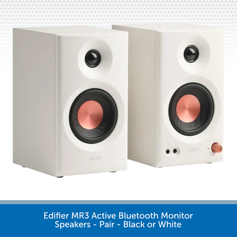 Two Edifier MR3 Active Bluetooth Monitor speakers shown in white and black, featuring rose gold copper cones, on a white background with a blue text banner at the bottom.