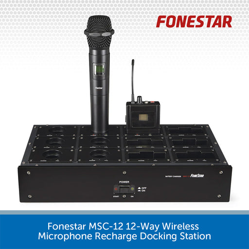 Fonestar MSC-12 12-way wireless microphone recharge docking station with a microphone on a white background.