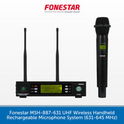 A black wireless handheld microphone and matching receiver set on a white background, with the red and white Fonestar logo at the top and a blue text banner at the bottom describing the product.