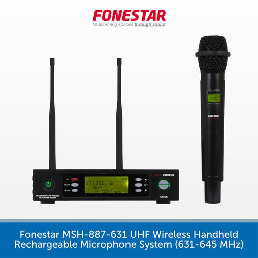 A black wireless handheld microphone and matching receiver set on a white background, with the red and white Fonestar logo at the top and a blue text banner at the bottom describing the product.