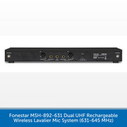 A black Fonestar MSH-892-631 dual UHF rechargeable wireless lavalier mic system receiver shown from the back, with various audio input/output jacks and labels, set against a white background with a blue text banner at the bottom.
