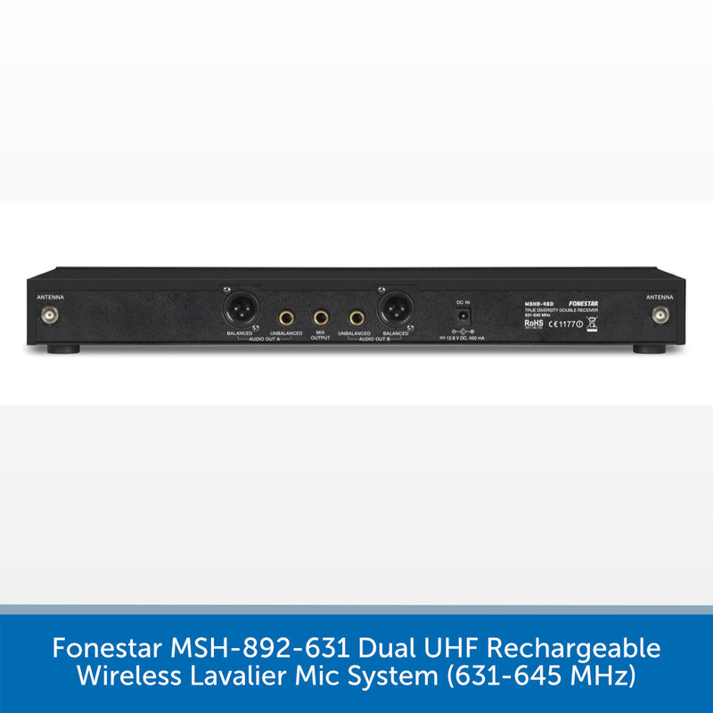 A black Fonestar MSH-892-631 dual UHF rechargeable wireless lavalier mic system receiver shown from the back, with various audio input/output jacks and labels, set against a white background with a blue text banner at the bottom.