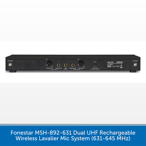 A black Fonestar MSH-892-631 dual UHF rechargeable wireless lavalier mic system receiver shown from the back, with various audio input/output jacks and labels, set against a white background with a blue text banner at the bottom.