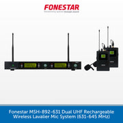 Fonestar MSH-892-631 dual UHF wireless lavalier mic system shown on a white background with a blue text banner at the bottom. The image includes the brand logo 'FONESTAR' at the top and product text at the bottom.