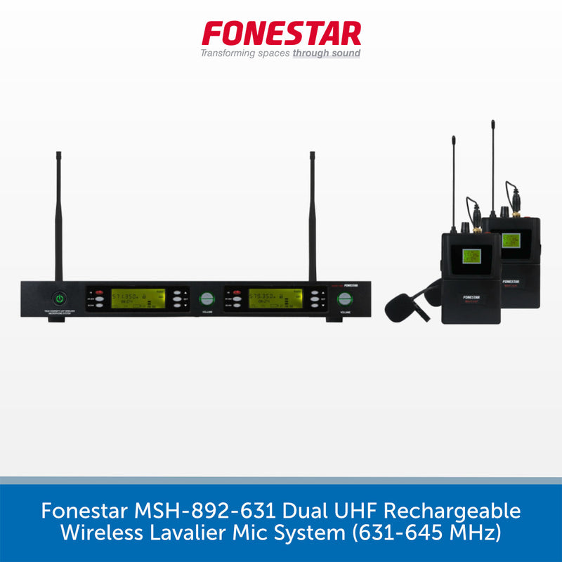 Fonestar MSH-892-631 dual UHF wireless lavalier mic system shown on a white background with a blue text banner at the bottom. The image includes the brand logo 'FONESTAR' at the top and product text at the bottom.
