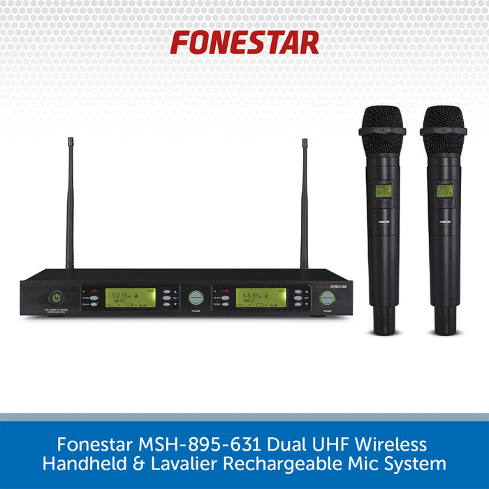 Fonestar MSH-895-631 Dual UHF Wireless Handheld & Lavalier Rechargeable Mic System on a white background