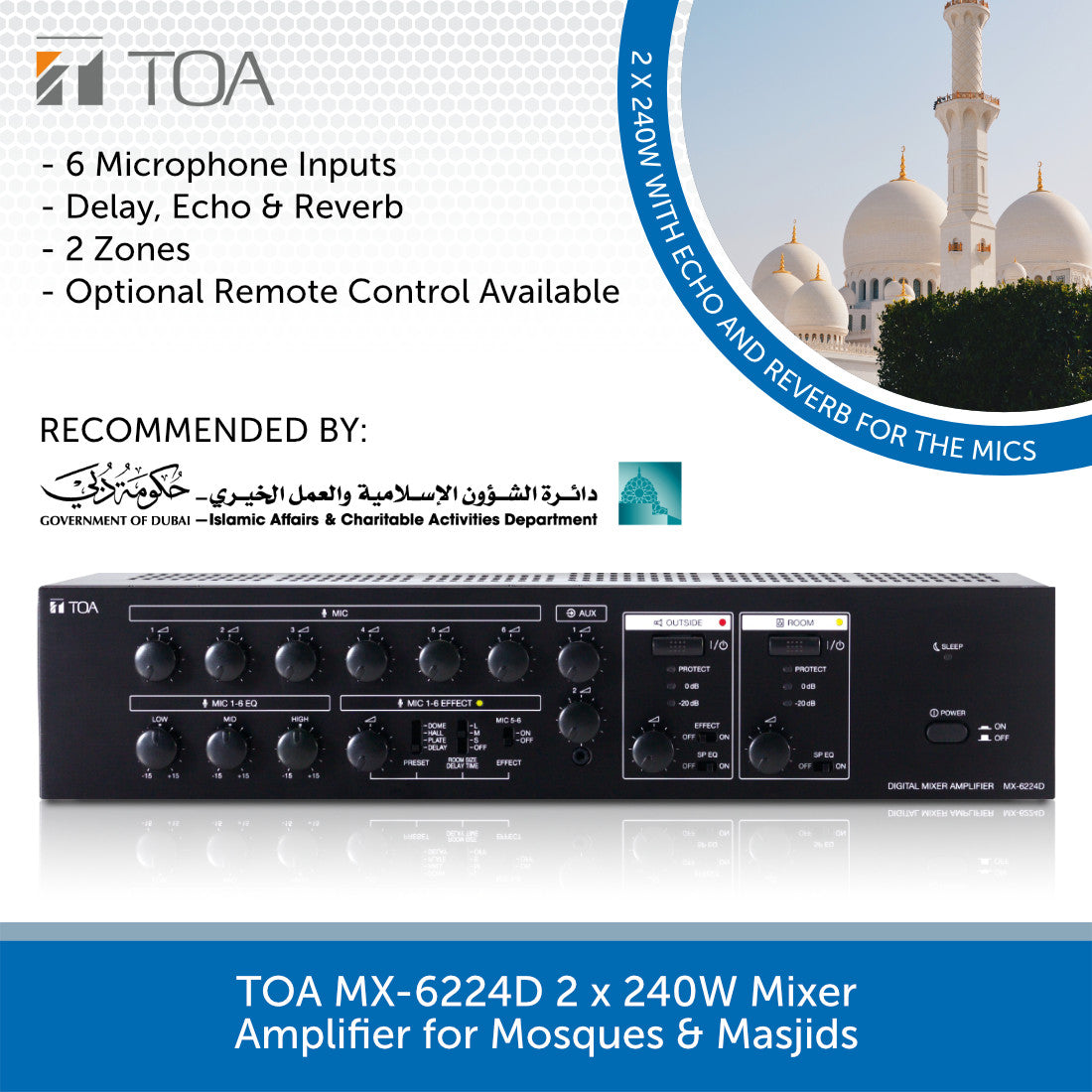 TOA MX-6224D 2 x 240W Mixer Amplifier for Mosques | Audio Volt