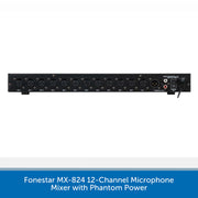 A 12-channel phantom power microphone mixer console unit shown from the front against a white background, with a blue text banner at the bottom reading 'Funestar MX-824 12-Channel Microphone Mixer with Phantom Power'.