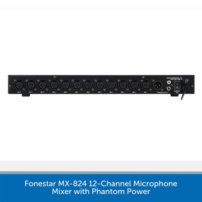 A 12-channel phantom power microphone mixer console unit shown from the front against a white background, with a blue text banner at the bottom reading 'Funestar MX-824 12-Channel Microphone Mixer with Phantom Power'.
