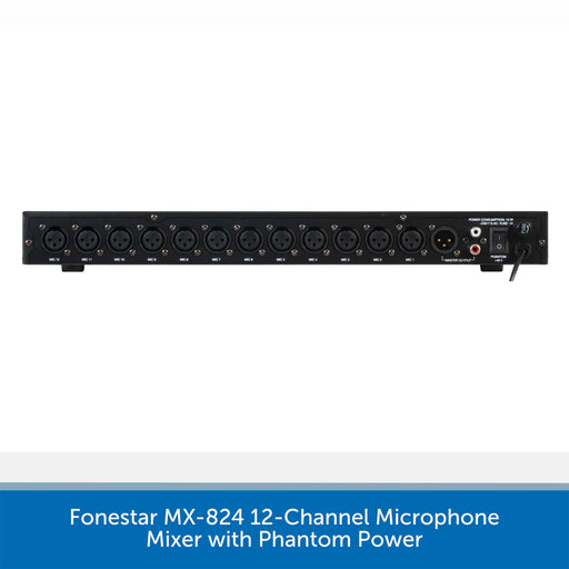 A 12-channel phantom power microphone mixer console unit shown from the front against a white background, with a blue text banner at the bottom reading 'Funestar MX-824 12-Channel Microphone Mixer with Phantom Power'.