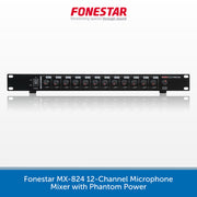 A 12-channel audio microphone mixer by Fonestar, featuring 12 rotary knobs, a power switch, and phantom power input, shown against a white background with a blue text banner at the bottom.