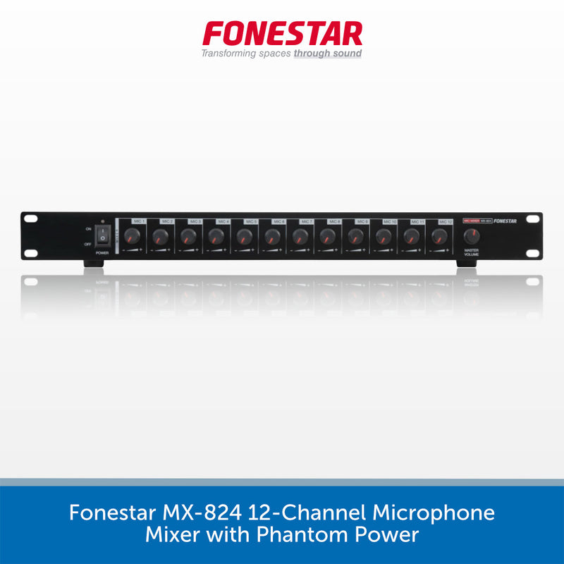A 12-channel audio microphone mixer by Fonestar, featuring 12 rotary knobs, a power switch, and phantom power input, shown against a white background with a blue text banner at the bottom.
