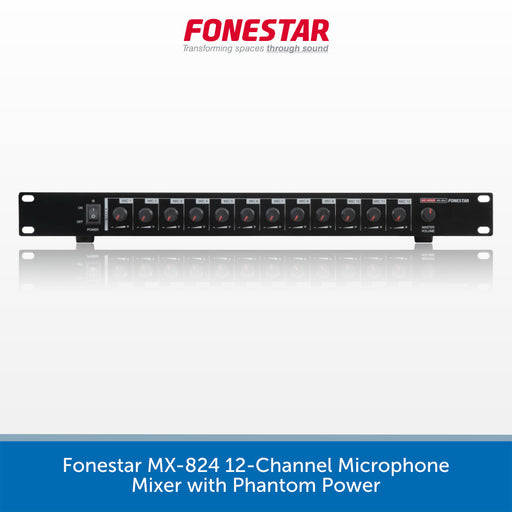 A 12-channel audio microphone mixer by Fonestar, featuring 12 rotary knobs, a power switch, and phantom power input, shown against a white background with a blue text banner at the bottom.