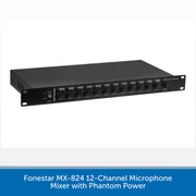 A 12-channel audio microphone mixer with phantom power by Fonestar, shown at an angle on a white background with a blue text banner at the bottom.