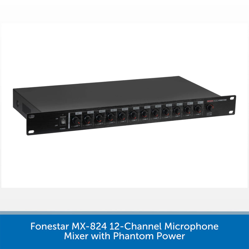 A 12-channel audio microphone mixer with phantom power by Fonestar, shown at an angle on a white background with a blue text banner at the bottom.
