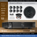 Marantz amplifier and Bowers & Wilkins ceiling speakers with branding and product details on a beige background.