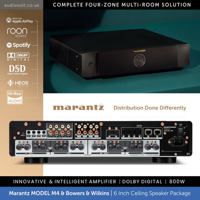 Marantz amplifier with branding and product features on a gradient background