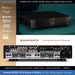 Marantz amplifier with branding and product features on a gradient background