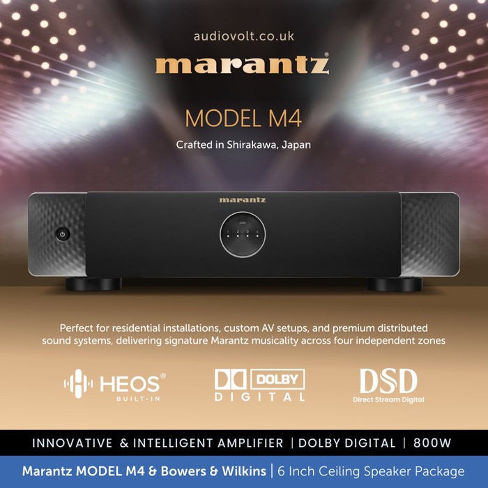 Marantz Model M4 amplifier with branding and product details on a blurred background