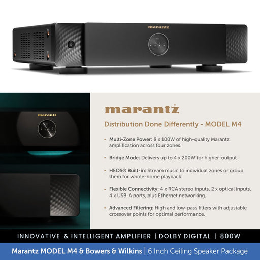 Marantz Model M4 amplifier with branding and product details on a blurred background
