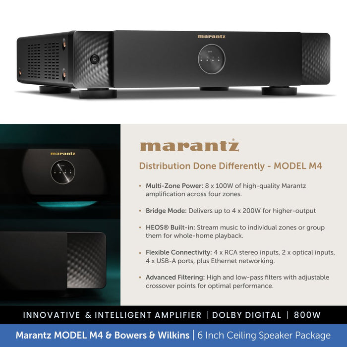 Marantz Model M4 amplifier with branding and product details on a blurred background