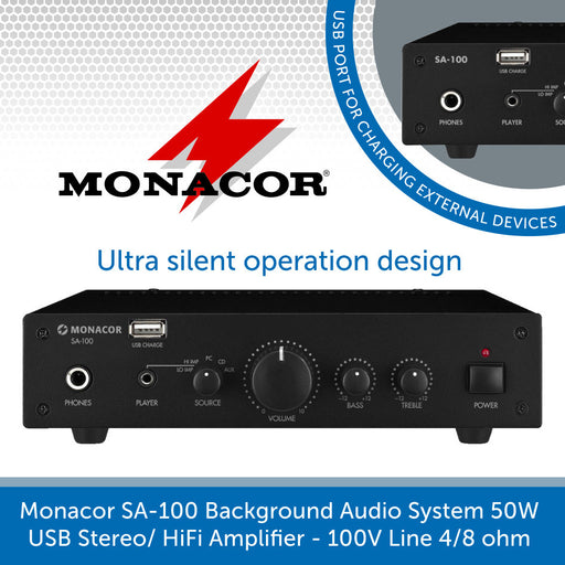 Monacor SA-100 Stereo / Hi-Fi Amplifier with USB - 50W, 4-8 Ohm Operation