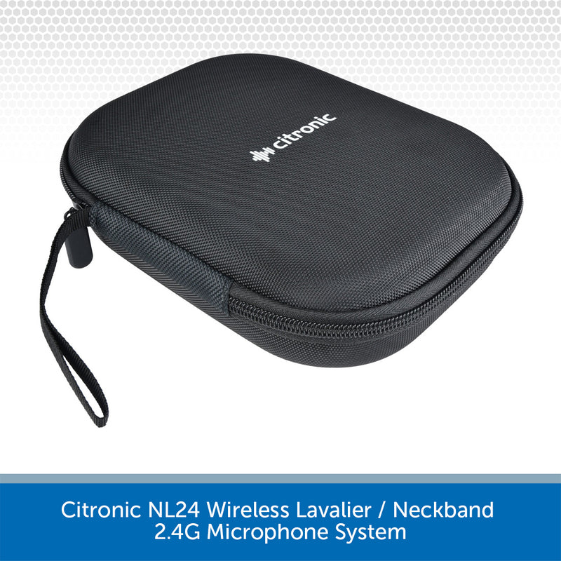 Black carrying case for Citronic wireless microphone system on a light gray background