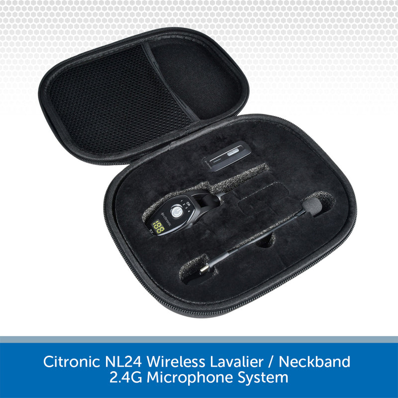 Citronic NL24 Wireless Lavalier/Neckband 2.4G Microphone System in a black case on a light gray background.