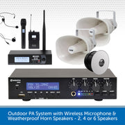 Outdoor PA System with Wireless Microphone & Weatherproof Horn Speakers - 2, 4 or 6 Speakers