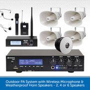 Outdoor PA System with Wireless Microphone & Weatherproof Horn Speakers - 2, 4 or 6 Speakers
