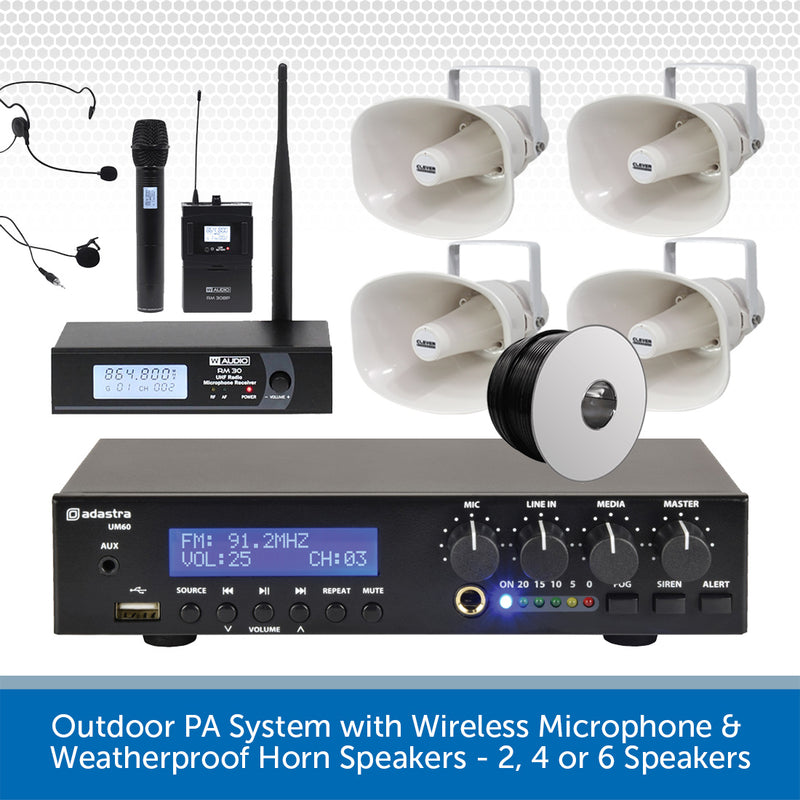 Outdoor PA System with Wireless Microphone & Weatherproof Horn Speakers - 2, 4 or 6 Speakers