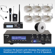 Outdoor PA System with Wireless Microphone & Weatherproof Horn Speakers - 2, 4 or 6 Speakers