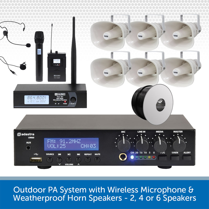 Outdoor PA System with Wireless Microphone & Weatherproof Horn Speakers - 2, 4 or 6 Speakers
