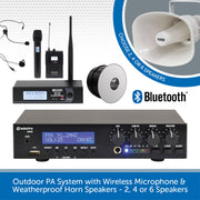 Outdoor PA System with Wireless Microphone & Weatherproof Horn Speakers - 2, 4 or 6 Speakers