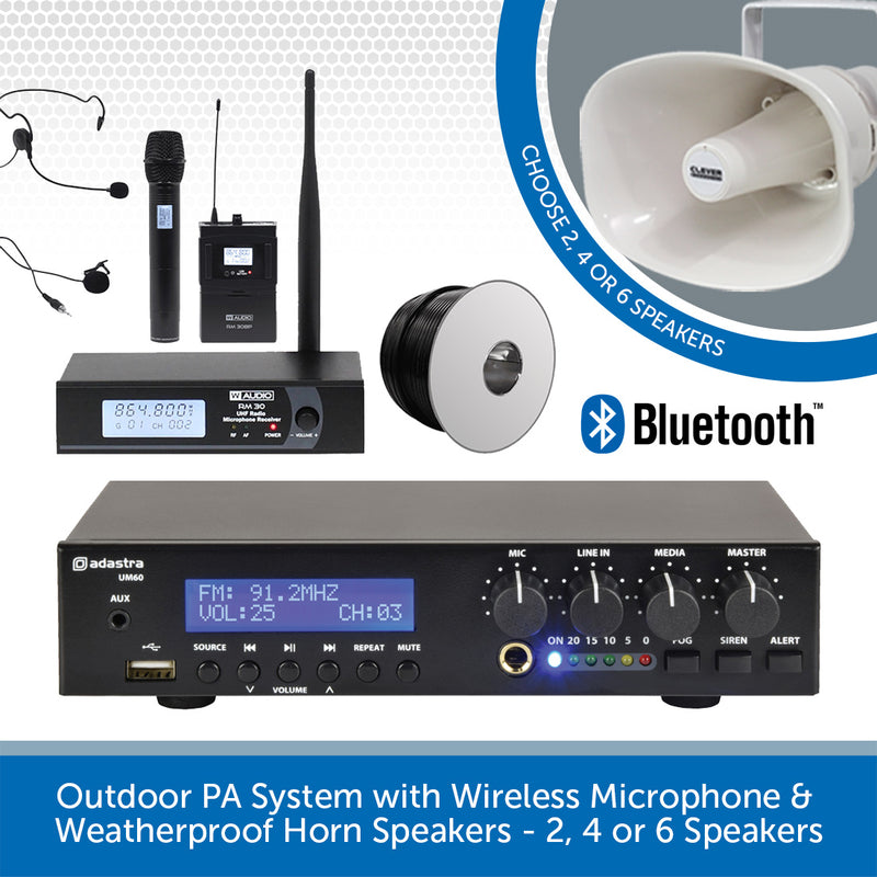 Outdoor PA System with Wireless Microphone & Weatherproof Horn Speakers - 2, 4 or 6 Speakers