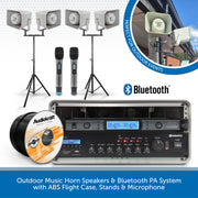 Outdoor music horn speakers and Bluetooth PA system bundle including four white horn speakers on stands, two handheld microphones, an Audikraft CD, and an Electra PA receiver in an ABS flight case, with Bluetooth logo and promotional text.