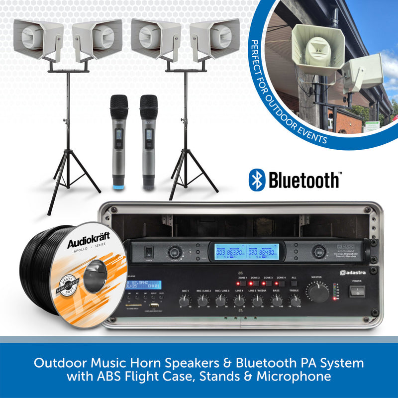 Outdoor music horn speakers and Bluetooth PA system bundle including four white horn speakers on stands, two handheld microphones, an Audikraft CD, and an Electra PA receiver in an ABS flight case, with Bluetooth logo and promotional text.