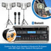 Outdoor music horn speakers and Bluetooth PA system bundle including four white horn speakers on stands, two handheld microphones, an Audikraft CD, and an Electra PA receiver in an ABS flight case, with Bluetooth logo and promotional text.