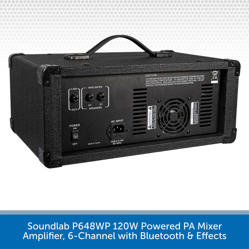 Soundlab P648WP 120W Powered PA Mixer Amplifier, 6-Channel with Bluetooth & Effects