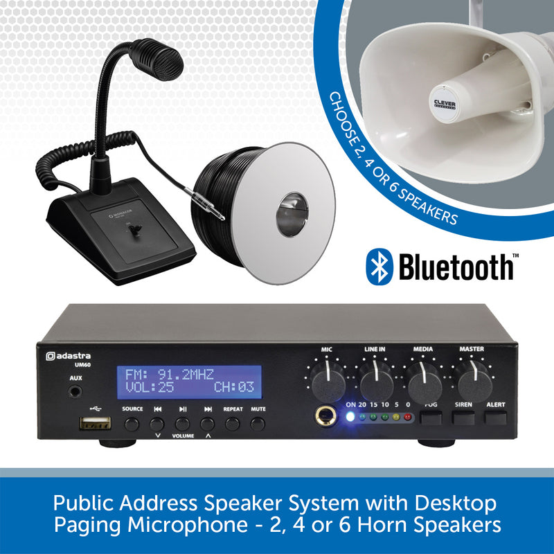 Public Address Speaker System with Desktop Paging Microphone - 2, 4 or 6 Horn Speakers