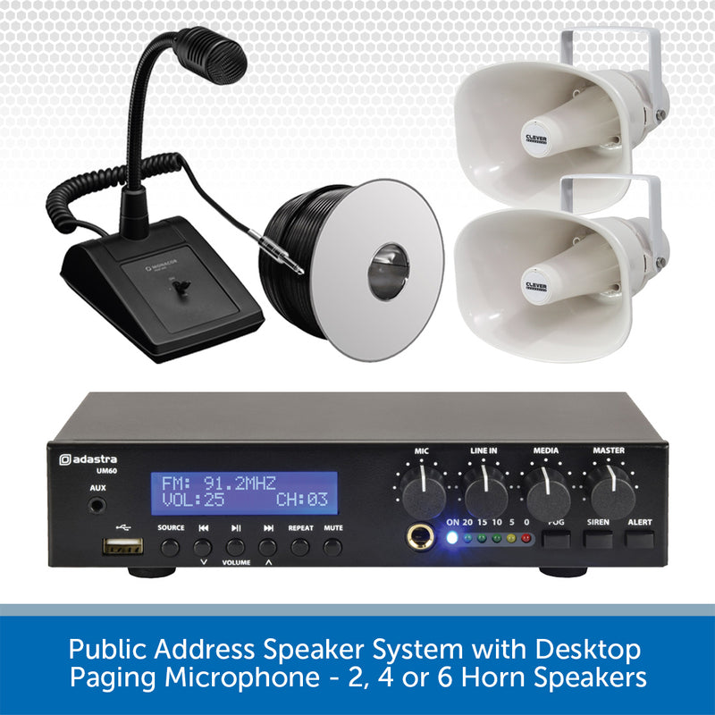 Public Address Speaker System with Desktop Paging Microphone - 2, 4 or 6 Horn Speakers