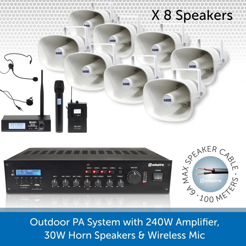 Public Address Speaker Kit with 240W Amplifier, 8 Speakers